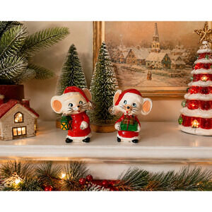 Vintage Japan Anthropomorphic Christmas Mouse Figurines Red Coat Holiday Décor